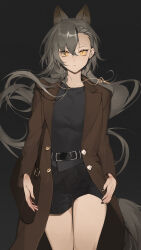 Rule 34 | 1girl, absurdres, animal ear fluff, animal ears, api qwq, arknights, belt, black background, black belt, black nails, black shirt, black shorts, breasts, brown coat, coat, earrings, extra ears, grey hair, highres, jewelry, long hair, long sleeves, looking at viewer, medium breasts, mole, mole above eye, nail polish, necklace, open clothes, open coat, penance (arknights), shirt, shorts, slit pupils, solo, tail, very long hair, wolf ears, wolf girl, wolf tail, yellow eyes