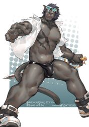 Rule 34 | 1boy, abs, animal ears, warrior of light (ff14), bara, bare pectorals, black hair, black male underwear, briefs, cat ears, cat tail, chest hair, chest tuft, collared shirt, covered penis, eyewear on head, facial hair, fangs, feet out of frame, final fantasy, final fantasy xiv, foreshortening, furry, furry male, goatee, grey hair, highres, holding, holding sword, holding weapon, hrothgar, large pectorals, laserbiubiu, looking at viewer, male focus, male pubic hair, male underwear, muscular, muscular male, navel, nipple piercing, nipple rings, nipples, no pants, open clothes, open shirt, pectorals, piercing, pointing, pointing at viewer, pubic hair, pubic hair peek, scar, scar on chest, scar on face, scar on nose, shirt, short hair, solo, standing, stomach, sunglasses, sword, tail, thick thighs, thighs, tiger boy, underwear, weapon, white-framed eyewear