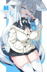 Rule 34 | 1girl, animal ears, aqua eyes, arm support, black shirt, black skirt, bow, bowtie, breasts, buttons, cardigan, cleavage, cup, drinking, fox ears, fox girl, fox tail, hair between eyes, highres, holding, holding cup, large breasts, mamuru, microskirt, open clothes, open mouth, open shirt, original, partially unbuttoned, paw print, pleated skirt, sharp teeth, shirt, sitting, skirt, solo, spilling, tail, teeth, thighhighs, thighs, traditional bowtie, white bow, white bowtie, white cardigan, white hair, white thighhighs, wing collar