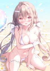 Rule 34 | 1girl, barefoot, beach, blush, bracelet, breasts, brown hair, cleavage, collarbone, commentary request, covering breasts, covering privates, feet, flower, hair between eyes, hair ornament, hair ribbon, hairclip, highres, innertube, jewelry, kneeling, large breasts, long hair, looking at viewer, navel, necklace, ocean, open mouth, original, outdoors, red eyes, ribbon, shell, shell necklace, sidelocks, sitting, solo, swim ring, toes, twintails, very long hair, wariza, watagashi yui, white background, white flower