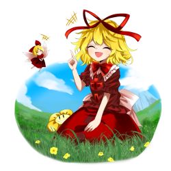 Rule 34 | 2girls, :d, ^ ^, back bow, blonde hair, blouse, border, bow, bowtie, closed eyes, cloud, cloudy sky, collared shirt, commentary request, doll, dress, fairy wings, flower, frilled shirt, frilled shirt collar, frilled sleeves, frills, grass, hair bow, hair ribbon, happy, harukawa moe (style), highres, keiki8296, medicine melancholy, messy hair, multiple girls, open mouth, outdoors, pointing, puffy short sleeves, puffy sleeves, red bow, red bowtie, red dress, red ribbon, red shirt, red skirt, ribbon, ribbon-trimmed shirt, ribbon-trimmed skirt, ribbon trim, seiza, shirt, short hair, short sleeves, sitting, skirt, sky, smile, su-san, touhou, undertale, white border, white bow, wings