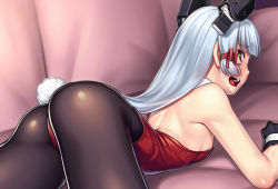 Rule 34 | 10s, 1girl, ass, bare shoulders, black gloves, black pantyhose, blush, breasts, brown eyes, collar, detached collar, eyebrows, flat chest, gloves, h kasei, hair ornament, hair ribbon, headgear, kantai collection, leotard, long hair, looking back, lying, murakumo (kancolle), on stomach, open mouth, orange eyes, pantyhose, playboy bunny, rabbit tail, ribbon, sideboob, silver hair, small breasts, solo, tail