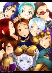 Rule 34 | 6+girls, armor, ashe (league of legends), black hair, blue hair, blush, caitlyn (league of legends), forehead protector, highres, holding another&#039;s arm, jinx (league of legends), league of legends, leona (league of legends), long hair, miss fortune (league of legends), multiple girls, oldlim, quinn (league of legends), red-tinted eyewear, red hair, sivir, sunglasses, tinted eyewear, tristana, v, vayne (league of legends), yuri