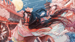 Rule 34 | 1girl, black hair, cherry blossoms, cocoroppy, earrings, fang, fox mask, full moon, grey eyes, highres, japanese clothes, jewelry, kimono, layered clothes, layered kimono, long hair, looking back, mask, mask on head, moon, night, open mouth, original, river, shrine, sideways mouth, smoke, solo, very long hair, wide sleeves