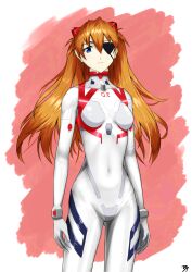 Rule 34 | 1girl, blue eyes, bodysuit, breasts, brown hair, covered navel, evangelion: 3.0+1.0 thrice upon a time, eyepatch, hair ornament, highres, illust aqua, long hair, looking at viewer, medium breasts, neon genesis evangelion, plugsuit, rebuild of evangelion, simple background, solo, souryuu asuka langley, standing, white bodysuit, wide hips