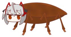 Rule 34 | 1girl, ahoge, antennae, arknights, bug, cockroach, demon horns, grey hair, horns, insect, looking at viewer, naga u (style), parody, ponyupdaddy, red eyes, short hair, simple background, solo, style parody, w (arknights), white background