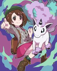 Rule 34 | 1girl, absurdres, backpack, bag, blush stickers, bob cut, boots, brown bag, brown eyes, brown footwear, brown hair, buttons, cable knit, cardigan, clenched hand, closed mouth, collared dress, commentary request, creatures (company), dress, galarian form, galarian ponyta, game freak, gen 8 pokemon, gloria (pokemon), green headwear, green legwear, grey cardigan, hat, highres, jira (ziraiya26), nintendo, pink dress, plaid, plaid legwear, pointing, pokemon, pokemon (creature), pokemon swsh, short hair, smile, socks, tam o&#039; shanter