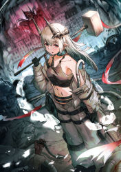 Rule 34 | 1girl, :o, absurdres, arknights, black collar, black gloves, bodysuit, breasts, chewi, choker, collar, collarbone, demon horns, dutch angle, ear piercing, gloves, grey hair, hammer, highres, holding, holding hammer, horns, infection monitor (arknights), long hair, long sleeves, looking at viewer, material growth, monster, mudrock (arknights), mudrock (elite ii) (arknights), navel, open bodysuit, open clothes, oripathy lesion (arknights), outdoors, piercing, pointy ears, red eyes, sarashi, small breasts, solo, war hammer, weapon, white footwear