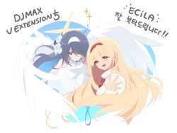 Rule 34 | 2girls, absurdres, angel wings, black hair, blonde hair, blue ribbon, bow, bowtie, clover (win1ciub), commentary request, djmax, djmax respect, dress, flower, hairband, headband, heart, heart border, highres, korean commentary, korean text, long hair, looking back, mary (djmax), multiple girls, open hand, red bow, red bowtie, red eyes, red hairband, ribbon, rose, rose (djmax), simple background, star (symbol), sweater, translation request, turtleneck, turtleneck sweater, white dress, white flower, white headband, white rose, wings
