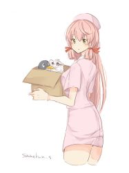 Rule 34 | 1girl, akashi (kancolle), alternate costume, box, cardboard box, commentary request, cowboy shot, cropped legs, dress, failure penguin, green eyes, hair ribbon, hat, kantai collection, long hair, miss cloud, nurse, nurse cap, pink dress, pink hair, ribbon, samekun (samekun s), short dress, solo, tress ribbon