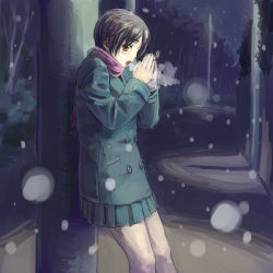 Rule 34 | 1girl, breath, brown hair, coat, cold, leaning, night, original, own hands together, road, scarf, short hair, skirt, snow, snowing, solo, street, tani, yellow eyes