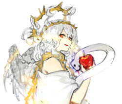 Rule 34 | 1girl, angel wings, apple, bare shoulders, cross-shaped pupils, crown, dress, food, fruit, halo, lobotomy corporation, long hair, nishikujic, parted lips, personification, project moon, red eyes, smile, snake, solo, symbol-shaped pupils, very long hair, white dress, white hair, white wings, whitenight (project moon), wings