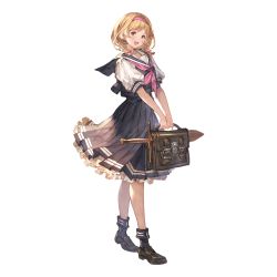 Rule 34 | 1girl, bag, black footwear, black skirt, blonde hair, bobby socks, bow, braid, djeeta (granblue fantasy), full body, granblue fantasy, hair bow, hairband, holding, holding bag, loafers, looking at viewer, neckerchief, official alternate costume, official art, open mouth, petticoat, pink bow, pink neckerchief, pleated skirt, puffy short sleeves, puffy sleeves, sailor collar, school bag, school uniform, shoes, short hair, short sleeves, skirt, smile, socks, solo, sword, transparent background, twin braids, weapon, yellow eyes