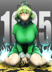 Rule 34 | 1girl, alternate breast size, black hat, breasts, commentary request, dress, frilled sleeves, frills, ghost tail, green dress, green eyes, green hair, hair between eyes, hat, highres, huge breasts, koyubi (littlefinger1988), large breasts, long sleeves, looking to the side, medium hair, ofuda, ofuda on clothes, parted lips, short dress, sitting, soga no tojiko, solo, tate eboshi, taut clothes, taut dress, touhou, v arms, wariza