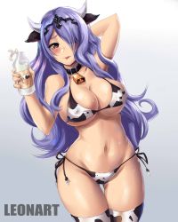 Rule 34 | 1girl, :p, animal ears, animal print, arm behind head, arm up, artist name, bell, bikini, blush, bottle, breasts, camilla (fire emblem), cleavage, collar, covered erect nipples, cow ears, cow horns, cow print, cow print bikini, cowbell, eyebrows, eyelashes, female focus, fire emblem, fire emblem fates, gluteal fold, hair over one eye, highres, holding, holding bottle, horns, large breasts, legs together, leonart, long hair, looking at viewer, milk bottle, navel, neck bell, nintendo, pink eyes, print bikini, print thighhighs, purple hair, side-tie bikini bottom, side-tie bottom, solo, standing, stomach, sweat, swimsuit, thighhighs, tiara, tongue, tongue out, underboob
