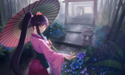 Rule 34 | 1girl, backlighting, blunt bangs, breasts, commentary request, flower, from behind, hakama, hakama skirt, highres, hip vent, hydrangea, japanese clothes, koutetsujou no kabaneri, long hair, looking at viewer, looking back, nfb-zmc, oil-paper umbrella, outstretched hand, petals, pink eyes, ponytail, purple hair, rain, sidelocks, skirt, solo, torii, umbrella, very long hair, wide sleeves, yomogawa ayame