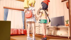 Rule 34 | 2girls, 3d, absurdres, bed, bedroom, couple, creatures (company), eye contact, game freak, highres, holding hands, indoors, looking at another, multiple girls, nintendo, pokemon, pokemon sm, smile, standing, yuri
