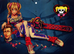 Rule 34 | 1boy, 1girl, blonde hair, blood, blue background, blue eyes, breasts, brown eyes, brown hair, candy, chainsaw, cheerleader, cleavage, clothes writing, collarbone, couple, crop top, fingernails, food, grasshopper manufacture, highres, juliet starling, leg warmers, legs, lollipop, lollipop chainsaw, long fingernails, long hair, looking at viewer, loose socks, midriff, miniskirt, necktie, nick carlyle, non-web source, scrunchie, severed head, shoes, short hair, sitting, skirt, sneakers, socks, thighhighs, twintails, wallpaper, white thighhighs, yamashita shun&#039;ya, zoom layer