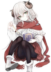 Rule 34 | 1girl, black pantyhose, boots, box, capelet, closed mouth, commentary request, curled horns, feet out of frame, frilled capelet, frills, fringe trim, fur-trimmed boots, fur trim, gift, gift box, green eyes, hair between eyes, hasunokaeru, head tilt, highres, holding, holding gift, horns, long hair, long sleeves, original, pantyhose, puffy long sleeves, puffy sleeves, red scarf, red skirt, scarf, shirt, shoe soles, simple background, sitting, skirt, smile, solo, very long hair, white background, white capelet, white footwear, white hair, white shirt