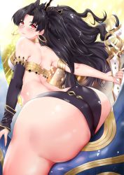 Rule 34 | anklet, armlet, ass, asymmetrical legwear, asymmetrical sleeves, bikini, black bikini, bridal gauntlets, crown, curvy, detached collar, detached sleeves, earrings, elbow gloves, fate/grand order, fate (series), gloves, heavenly boat maanna, highres, hoop earrings, huge ass, infinity symbol, ishtar (fate), jewelry, long legs, mismatched bikini, neck ring, panties, parted bangs, pelvic curtain, single detached sleeve, single elbow glove, single sleeve, swimsuit, thighhighs, thong, tiara, toyoman, twintails, two side up, underwear, uneven legwear, uneven sleeves, weapon, white bikini