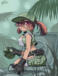 Rule 34 | 1girl, ass, back, breasts, cleavage, crop top, fio germi, glasses, gloves, hand grenade, hat, jacket, jungle, long hair, looking at viewer, looking to the side, metal slug, nature, shisui, shorts, sitting, sleeveless