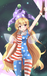 Rule 34 | 1girl, alternate legwear, american flag dress, american flag legwear, american flag shirt, arm up, blonde hair, blush, clownpiece, fairy wings, gradient background, hat, highres, hyper muteki (ningen no kuzu), jester cap, long hair, looking at viewer, open mouth, print thighhighs, red eyes, short sleeves, sky, solo, star (symbol), striped clothes, striped thighhighs, thighhighs, touhou, wings, zettai ryouiki