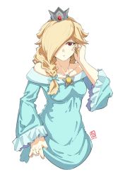 Rule 34 | 1girl, 2021, alternate eye color, automatic giraffe, blue bow, blue dress, bow, braid, breasts, clothes lift, collarbone, crown, dated, dress, dress lift, hair bow, hair over one eye, long hair, mario (series), nintendo, off-shoulder dress, off shoulder, one eye covered, red eyes, rosalina, simple background, small breasts, solo, super mario galaxy, upper body, white background