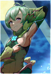 Rule 34 | 1boy, :d, absurdres, ahoge, arm behind head, armpits, bare shoulders, cloud, cloudy sky, floren (xenoblade), full moon, green hair, green leotard, green sleeves, grin, highres, kantyo4545, leotard, looking at viewer, moon, night, night sky, open mouth, pink eyes, presenting armpit, short hair, sky, smile, solo, star (sky), starry sky, teeth, trap, xenoblade chronicles (series), xenoblade chronicles 2