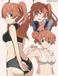 Rule 34 | 1girl, ahoge, ass, bare arms, bare shoulders, bikini, blue eyes, blush, breasts, brown background, brown hair, cleavage, closed mouth, collarbone, commentary request, cropped torso, darling in the franxx, double bun, dress, grey dress, hair between eyes, hair bun, long hair, medium breasts, miku (darling in the franxx), multiple views, navel, open mouth, simple background, smile, swimsuit, tasora, twintails, twitter username, white bikini