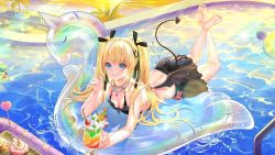 Rule 34 | 1girl, background lightning, bare back, bare shoulders, beach, beach chair, black skirt, blonde hair, blue eyes, bow, breasts, cherry, cleavage, collaboration, colorful, cup, cupcake, dead or alive, dessert, drink, drinking glass, drinking straw, feet, flower, food, fruit, hair bow, heart, highres, jewelry, kiwi (fruit), long hair, marie rose, ocean, official art, palm tree, pool, pool float, reflecting pool, reflection, reflective water, rubber duck, skirt, smile, splashing, stone wall, sunset, tail, tongue, tongue out, tray, tree, twintails, umbrella, wall, water, water droplets, whipped cream, wings