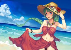 Rule 34 | 1girl, \||/, absurdres, bare shoulders, beach, bikini, blue eyes, blue sky, blunt bangs, bracelet, braid, breasts, cleavage, clothes lift, cloud, cowboy shot, day, flower, flower necklace, green hair, halterneck, hand to hat, hat, hat flower, hatomugi seika, highres, jewelry, long hair, looking at viewer, mole, mole under mouth, navel, necklace, ocean, original, outdoors, red bikini, sarong, sarong lift, sky, smile, solo, standing, sun hat, swimsuit, unfinished, very long hair, waves