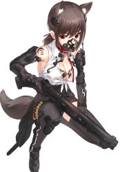 Rule 34 | 1girl, animal ears, black thighhighs, breasts, brown hair, cleavage, commentary request, copyright request, elbow gloves, gloves, gun, headgear, holding, holding gun, holding weapon, kfr, looking at viewer, medium breasts, muzzle, on one knee, red eyes, shirt, shotgun, simple background, sleeveless, solo, tail, thighhighs, tied shirt, weapon, white background, white shirt