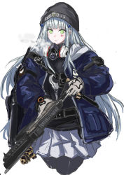 Rule 34 | 1girl, agent 416 (girls&#039; frontline), assault rifle, beanie, black hat, blue jacket, breath, cowboy shot, cuffs, duplicate, facial mark, girls&#039; frontline, gloves, green eyes, gun, h&amp;k hk416, hair ornament, handcuffs, hat, highres, hk416 (girls&#039; frontline), holding, holding gun, holding weapon, hood, hood down, hooded jacket, jacket, long hair, marche mk14, mask, mask around neck, official alternate costume, open clothes, open jacket, p416, pantyhose, pixel-perfect duplicate, pleated skirt, respirator, rifle, silver hair, skirt, solo, teardrop facial mark, teardrop tattoo, tom clancy&#039;s the division, very long hair, weapon, white background, white skirt