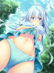 Rule 34 | 1girl, bad perspective, blue eyes, blue hair, blue panties, blue sky, blush, breasts, clothes lift, day, groin, highres, large breasts, lifting own clothes, liya, long hair, looking at viewer, navel, original, outdoors, panties, skirt, skirt lift, sky, solo, standing, underwear