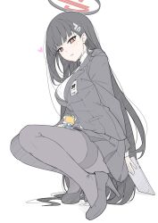 Rule 34 | 1girl, black hair, black jacket, black skirt, blue archive, blunt bangs, breasts, full body, hair behind ear, hair ornament, hair spread out, halo, high heels, holding, holding tablet pc, jacket, large breasts, long hair, long sleeves, looking at viewer, masabodo, miniskirt, pantyhose, parted lips, red eyes, rio (blue archive), shirt, simple background, skirt, solo, squatting, tablet pc, very long hair, white background, white shirt