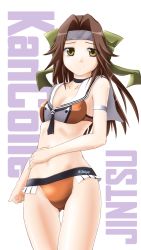 Rule 34 | 10s, 1girl, adapted costume, bikini, brown eyes, brown hair, character name, copyright name, forehead protector, hair intakes, headband, highres, jintsuu (kancolle), kantai collection, long hair, nzack, remodel (kantai collection), sailor bikini, sailor collar, simple background, swimsuit