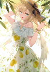 Rule 34 | 1girl, absurdres, bare shoulders, blonde hair, blue eyes, bracelet, day, dress, feathered wings, food print, hand up, hat, highres, holding, holding clothes, holding hat, jewelry, lemon print, long hair, looking at viewer, open mouth, original, outdoors, scan, simple background, smile, solo, straw hat, toosaka asagi, wings