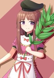 Rule 34 | 1girl, apron, arm up, bad id, bad pixiv id, brown hair, capelet, dress, drop shadow, hat, highres, holding, holding plant, long hair, looking at viewer, myouga (plant), nishida satono, pink dress, plant, puffy short sleeves, puffy sleeves, purple eyes, short sleeves, sidelocks, simple background, solo, standing, swept bangs, tate eboshi, touhou, two-tone background, upper body, waist apron, yu cha