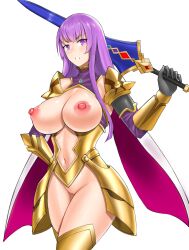 Rule 34 | 1girl, armor, breasts, cape, claudette (queen&#039;s blade), claudette (queen&#039;s blade unlimited), cleavage, cleft of venus, commission, commissioner upload, cowboy shot, gauntlets, gold armor, highres, holding, holding sword, holding weapon, knight, large breasts, long hair, looking at viewer, naked armor, navel, nipples, over shoulder, pixiv commission, purple eyes, purple hair, pussy, queen&#039;s blade, revealing clothes, sword, sword over shoulder, uncensored, vvv (vvv98048917), weapon, weapon over shoulder