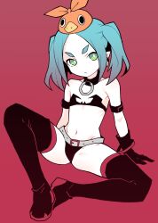 Rule 34 | 1girl, akableak, aqua hair, armband, bare shoulders, belt, black footwear, black gloves, boots, closed mouth, collarbone, commentary, cosplay, english commentary, etna (disgaea), etna (disgaea) (cosplay), expressionless, flat chest, gloves, gradient hair, green eyes, highres, jewelry, monogatari (series), multicolored hair, navel, ononoki yotsugi, prinny, prinny (cosplay), red background, simple background, sitting, skull, solo, thick eyebrows, thigh boots, thighhighs, twintails