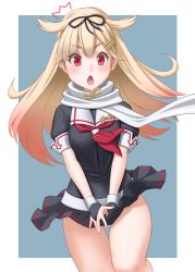 Rule 34 | 1girl, :o, ^^^, black gloves, black serafuku, black skirt, blonde hair, blush, clothes lift, commentary request, curly hair, embarrassed, fingerless gloves, gloves, hair between eyes, hair ornament, hairclip, highres, kantai collection, leg up, long hair, looking at viewer, multicolored hair, no panties, pleated skirt, red hair, scarf, school uniform, serafuku, skirt, skirt lift, skirt tug, solo, surprised, t2r, thighs, upskirt, white scarf, wide-eyed, wind, wind lift, yuudachi (kancolle)