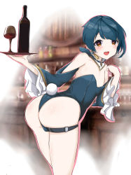 Rule 34 | 1boy, absurdres, artist request, ass, bare shoulders, blue hair, blush, bottle, bulge, crossdressing, cup, detached sleeves, drinking glass, from behind, genshin impact, heart, heart-shaped pupils, highres, leotard, looking at viewer, looking back, open mouth, orange eyes, playboy bunny, rabbit tail, shiny skin, short hair, smile, solo, symbol-shaped pupils, thigh strap, thong, thong leotard, trap, tray, wine glass, xingqiu (genshin impact)