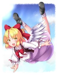 Rule 34 | aka tawashi, angel wings, blonde hair, blouse, bow, bowtie, cloud, day, dress, eyes visible through hair, feet up, flying, full body, gengetsu (touhou), highres, mary janes, outdoors, parted bangs, red bow, red bowtie, red ribbon, ribbon, shirt, shoe soles, shoes, smile, socks, solo, touhou, touhou (pc-98), white shirt, wings, yellow eyes