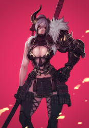Rule 34 | 1girl, absurdres, armor, black gloves, black legwear, breasts, cleavage, cowboy shot, cyborg, fur trim, gauntlets, gloves, grey hair, groin, hand on own hip, highres, holding, holding sword, holding weapon, horns, katana, large breasts, looking at viewer, mecha musume, navel, original, pelvic curtain, pink background, sheath, sheathed, shoulder armor, solo, standing, sword, tassel, weapon, wei (kaminari0411)