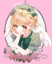Rule 34 | 1girl, absurdres, angel wings, blonde hair, blush, bow, bowtie, closed mouth, copyright request, dated, ear piercing, earrings, geshumaro, green bow, green bowtie, green eyes, green hat, green shirt, hair bow, happy birthday, hat, heart, highres, jewelry, looking at viewer, piercing, puffy short sleeves, puffy sleeves, real life, shirt, short hair, short sleeves, smile, solo, stud earrings, white wings, wings