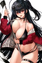 Rule 34 | 1girl, :d, ahoge, azur lane, bikini, black bikini, black choker, black hair, breasts, checkered flag, choker, cleavage, commentary request, crossed bangs, eyewear on head, flag, highleg, highleg bikini, highres, holding, holding flag, jacket, kinokorec, large breasts, long hair, looking at viewer, multi-strapped bikini bottom, multiple straps, navel, off-shoulder jacket, off shoulder, official alternate costume, one side up, open clothes, open jacket, open mouth, race queen, red eyes, red jacket, smile, sunglasses, swimsuit, taihou (azur lane), taihou (enraptured companion) (azur lane), thigh strap, thighs, very long hair