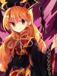 Rule 34 | 1girl, black dress, blonde hair, chinese clothes, crescent, dress, fox tail, hat, junko (touhou), long hair, long sleeves, looking at viewer, multiple tails, nikorashi-ka, one-hour drawing challenge, red eyes, sash, smile, solo, tabard, tail, touhou, upper body, wide sleeves