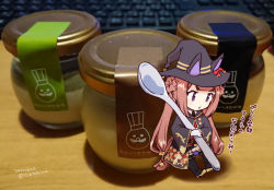 Rule 34 | 1girl, boots, braid, brown hair, dated, food, gold trim, hat, holding, holding spoon, keyboard (computer), kishino, long hair, mini person, minigirl, miniskirt, necktie, paper child, photo (medium), pout, pudding, purple eyes, robe, skirt, spoon, sweep tosho (umamusume), sweets kitagawa, table, translated, twitter username, umamusume, very long hair, white skirt, witch hat, wooden table