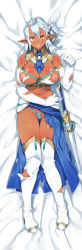 Rule 34 | 1girl, 23 (real xxiii), aqua panties, armor, ascot, boots, braid, breasts, cleavage, cleavage cutout, clenched teeth, clothing cutout, dakimakura (medium), dark-skinned female, dark skin, elbow gloves, elf, french braid, full body, gloves, high heel boots, high heels, highres, huge breasts, light areolae, lips, looking at viewer, lying, medium hair, midriff, navel, nipples, on back, one side up, orange eyes, original, panties, pointy ears, scratches, side braid, silver hair, solo, sweat, sword, teeth, thigh boots, thigh gap, thighhighs, torn clothes, torn panties, torn thighhighs, underwear, weapon, white gloves, white thighhighs