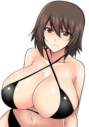 Rule 34 | 1girl, bikini, breasts, brown eyes, brown hair, cleavage, girls und panzer, hifumi hajime, highres, large breasts, looking at viewer, navel, nishizumi maho, short hair, slingshot swimsuit, solo, swimsuit, white background